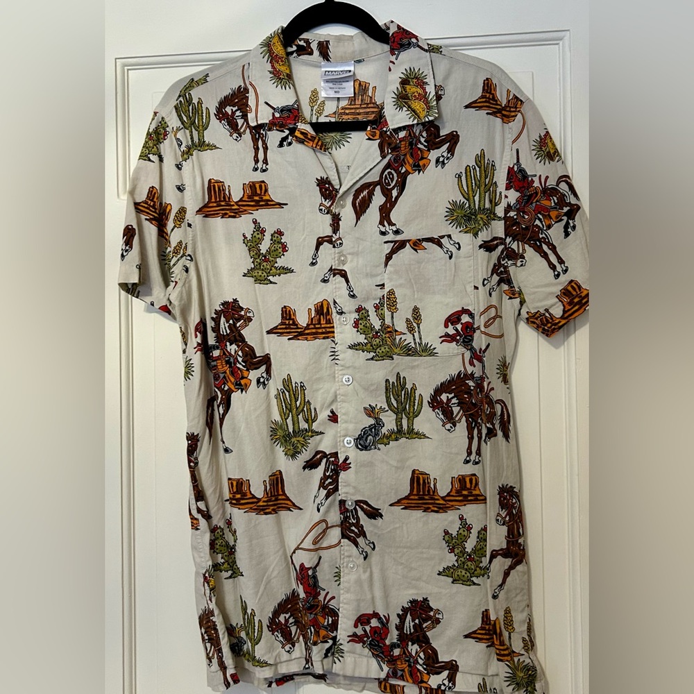 Marvel Deadpool Cream Men Medium Western Print Casual Shirt Cowboy Short Sleeve